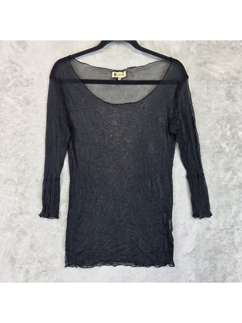 LANVIE Top Womens Size M Black Sheer Mesh Scoop Neck 3/4 Sleeve Stretch